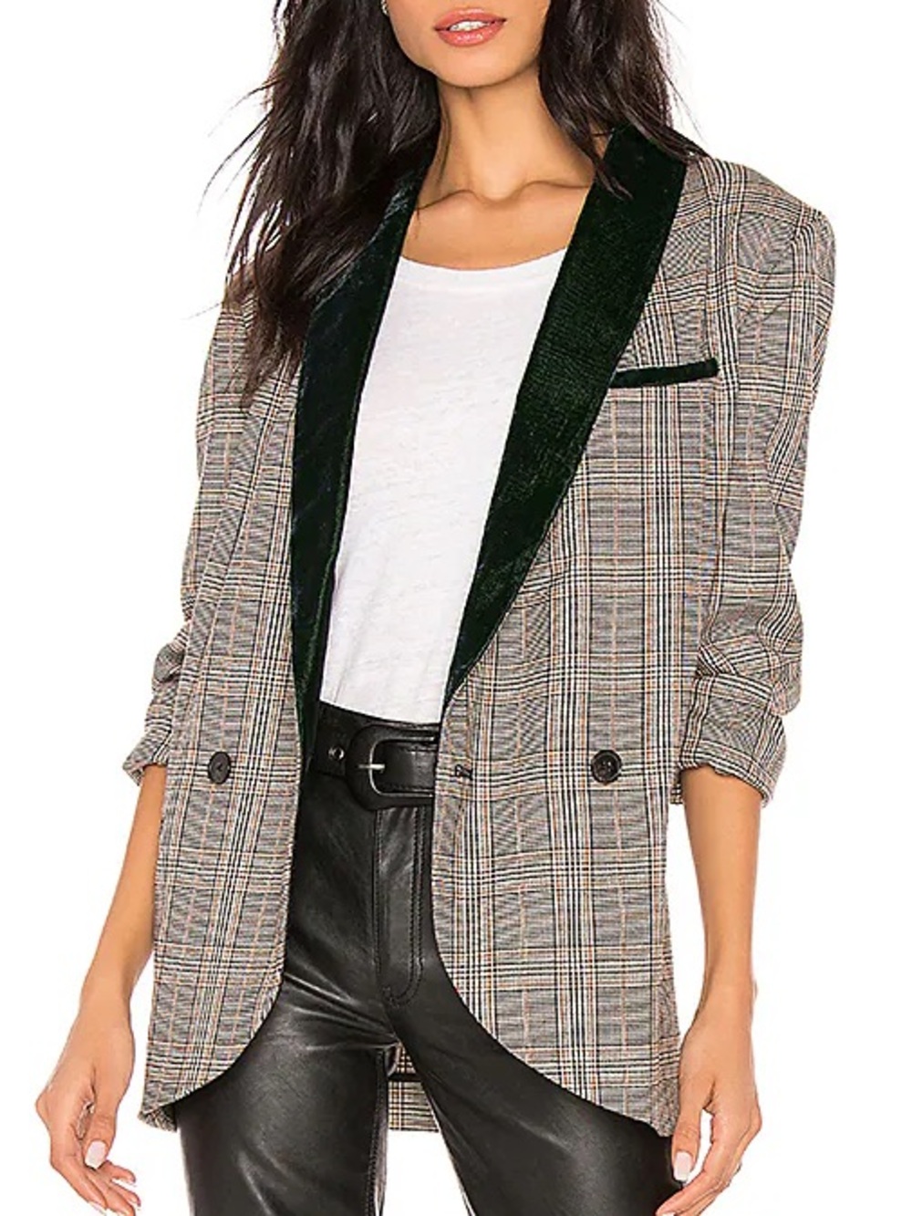 Free People Velvet Trimmed Blazer Size Medium Plaid Green